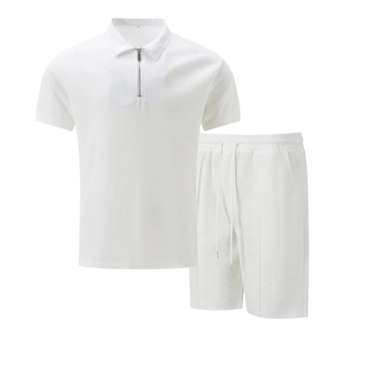 2026 Men Europe and the United States new summer Waffle solid color zip-up lapel short-sleeve suit shorts two sets
