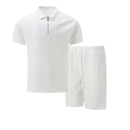 2026 Men Europe and the United States new summer Waffle solid color zip-up lapel short-sleeve suit shorts two sets