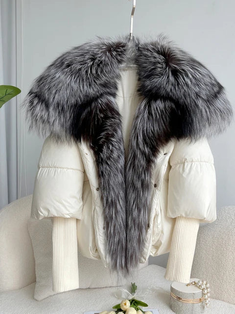 Oversized Winter Warm Real Fox Fur Collar Black Down Coat Women Puffer Outerwear Jackets 2024 Autumn Winter