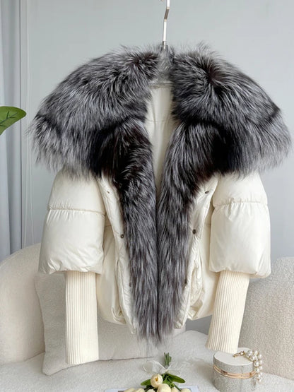 Oversized Winter Warm Real Fox Fur Collar Black Down Coat Women Puffer Outerwear Jackets 2024 Autumn Winter
