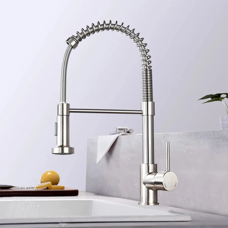 Kitchen Faucets Brush Brass Faucets for Kitchen Sink Single Lever Pull Out Spring Spout Mixers Tap Hot Cold Water Crane