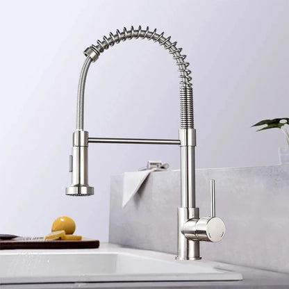 Kitchen Faucets Brush Brass Faucets for Kitchen Sink Single Lever Pull Out Spring Spout Mixers Tap Hot Cold Water Crane