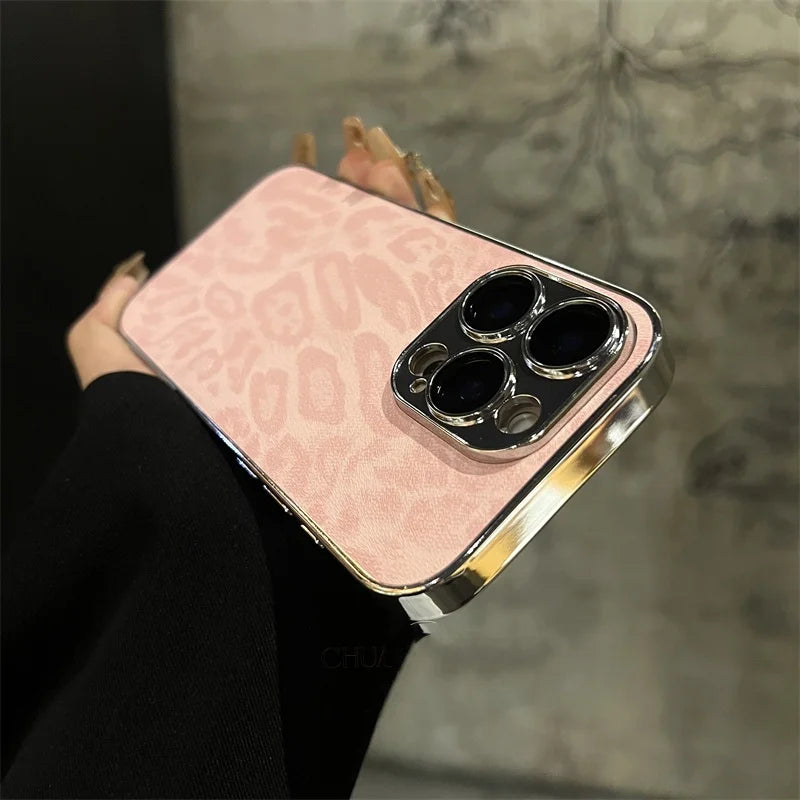 Luxury Plating Leopard Texture Leather Case For iPhone 17 16 15 14 Plus 13 12 11 Pro Max Lens Protection Shockproof  Cover Capa