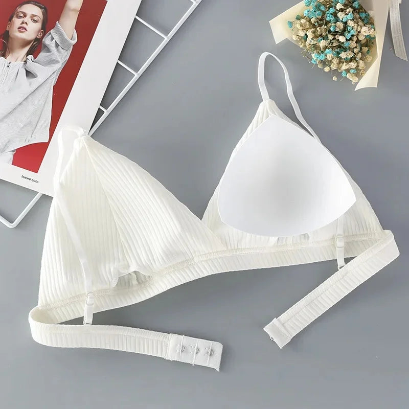 Women Cotton Push-Up Bra Ribbed Triangle Cup Bralette Wire-Free Bras Ladies Sexy Lingerie Simple Low Back Single Hook Underwear