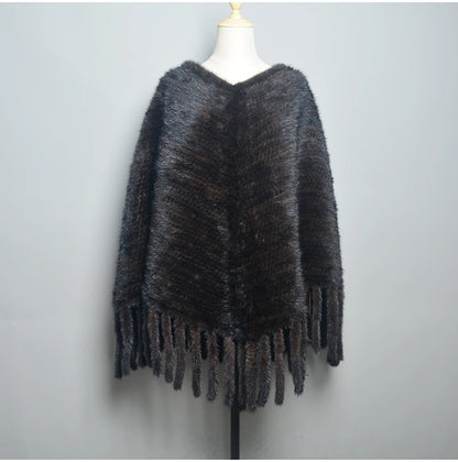 Fashion Women Fur Shawl Winter Knitted Real Mink Fur Stole With Fur Hood Knitted Mink Poncho Pashmina