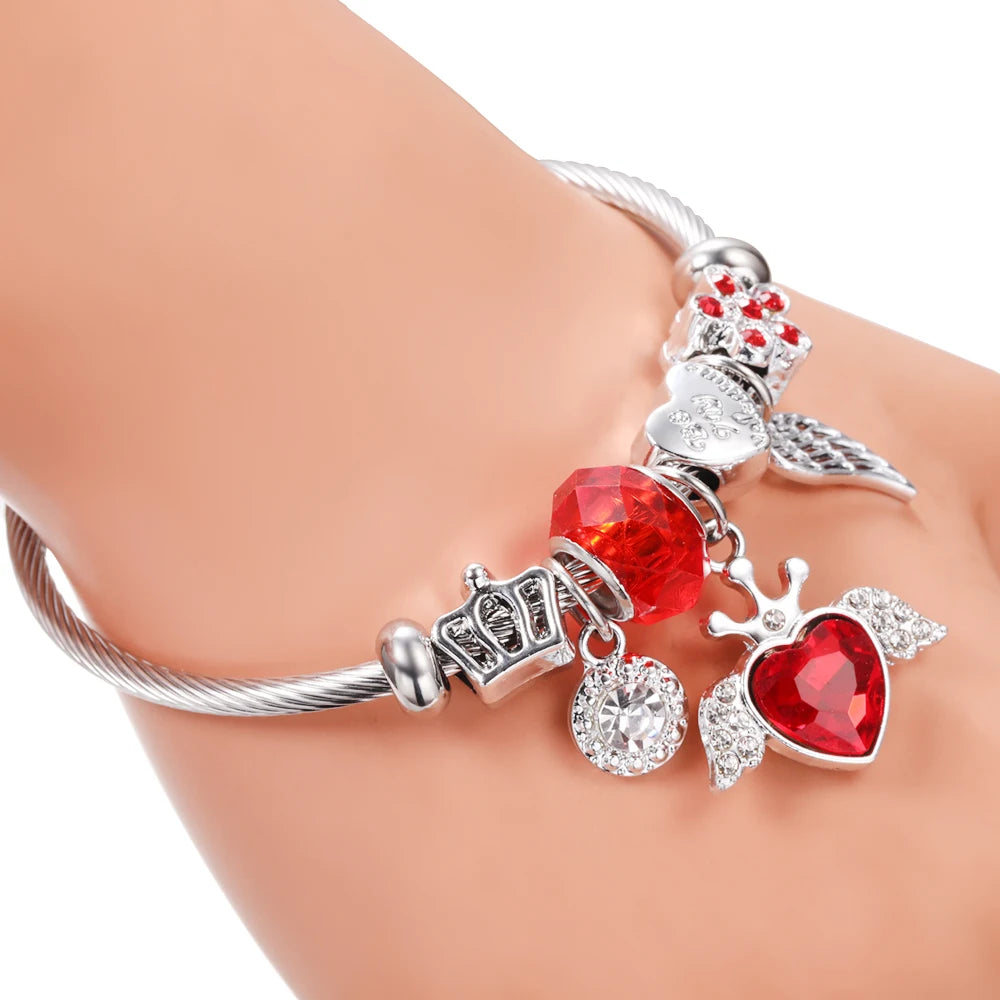 New Trendy Rhinestones Dragonfly Crystal Beaded Pendant Bracelet Stainless Steel 4 Colors Closure Bangles Women Bracelet Jewelry