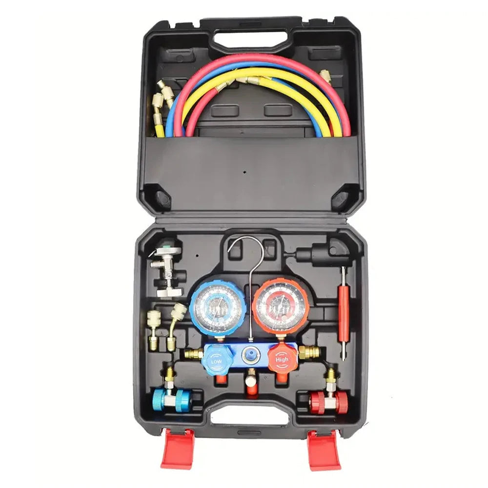 Podofo AC Manifold Gauge Set Car Air Conditioning Refrigerant Charging Tool AC Manifold Gauge Set with Hoses with Storage Box
