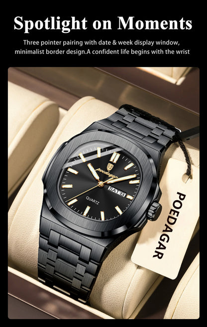 POEDAGAR Luxury Square Men's Watches Waterproof Luminous Date Week Men Watch Stainless Steel Fashion Quartz Man Wristwatch Reloj