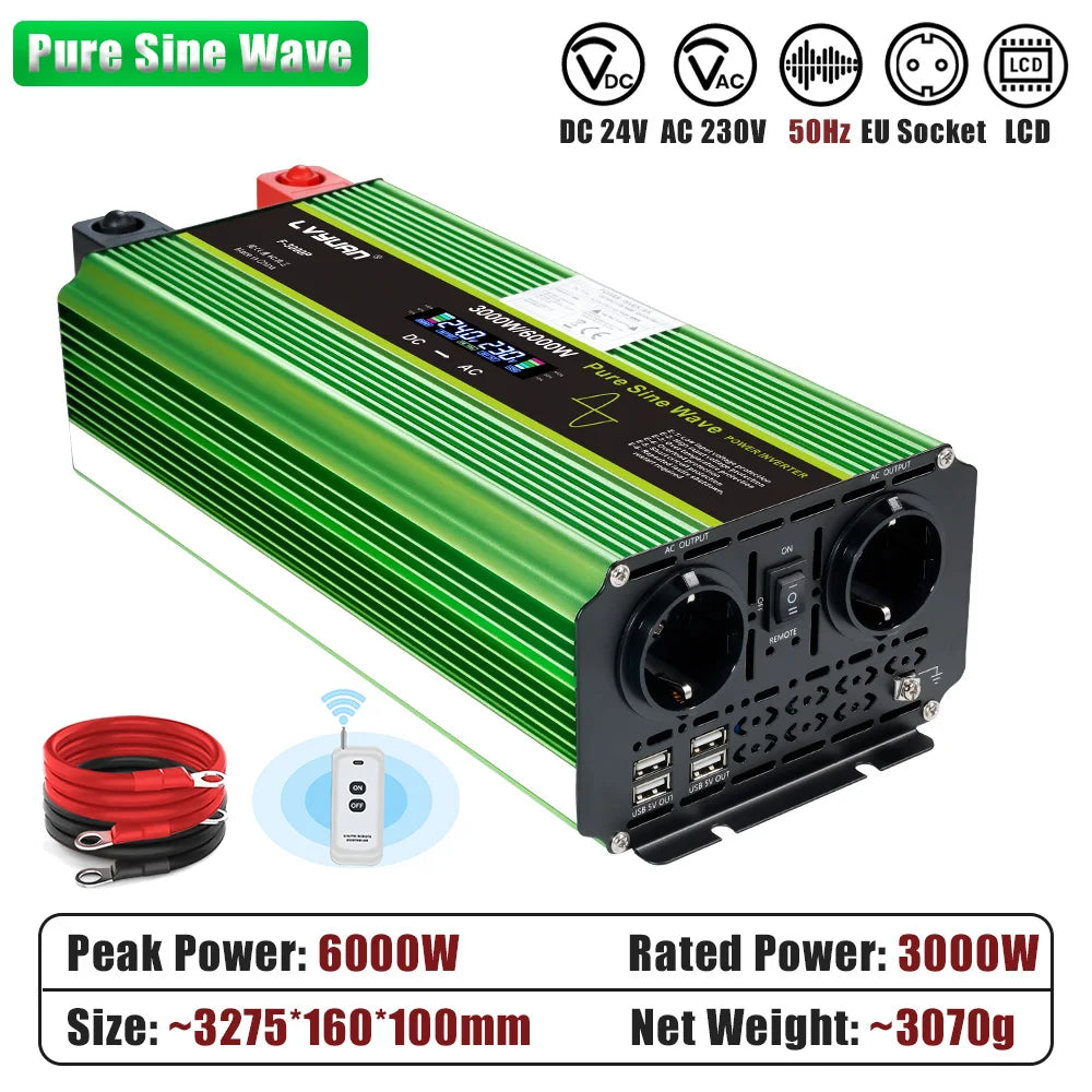 LVYUAN Pure Sine Wave Power Inverter 2000W 3000W 4000W DC 12V 24V to AC 230V LCD Remote Control 2 EU Sockets USB Home RV Solar