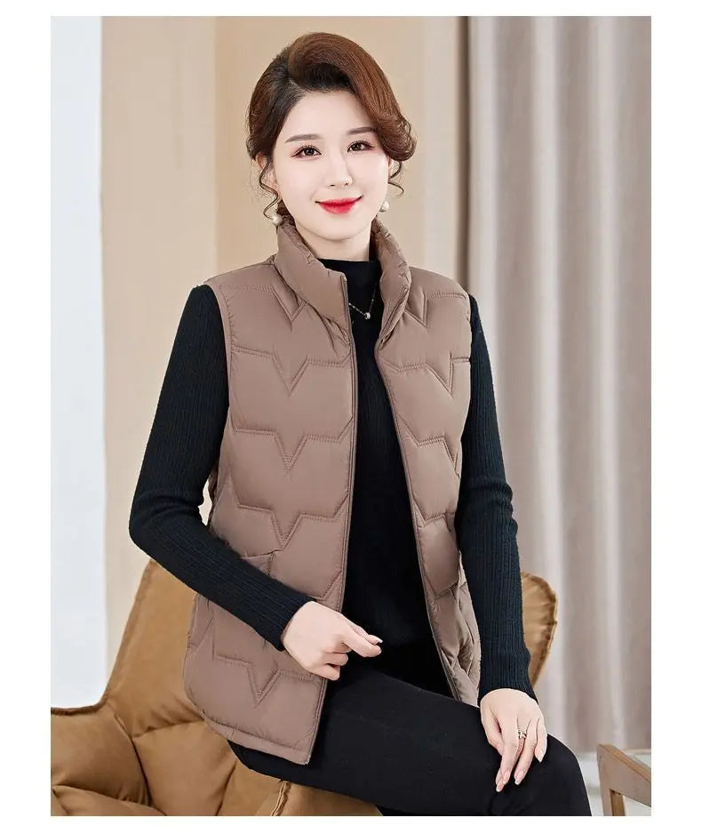 Fashion Women Down Cotton Jackets Vests Solid Stand Collar Zipper Cardigan Thicken Autumn Winter Warm Casual Sleeveless Coats