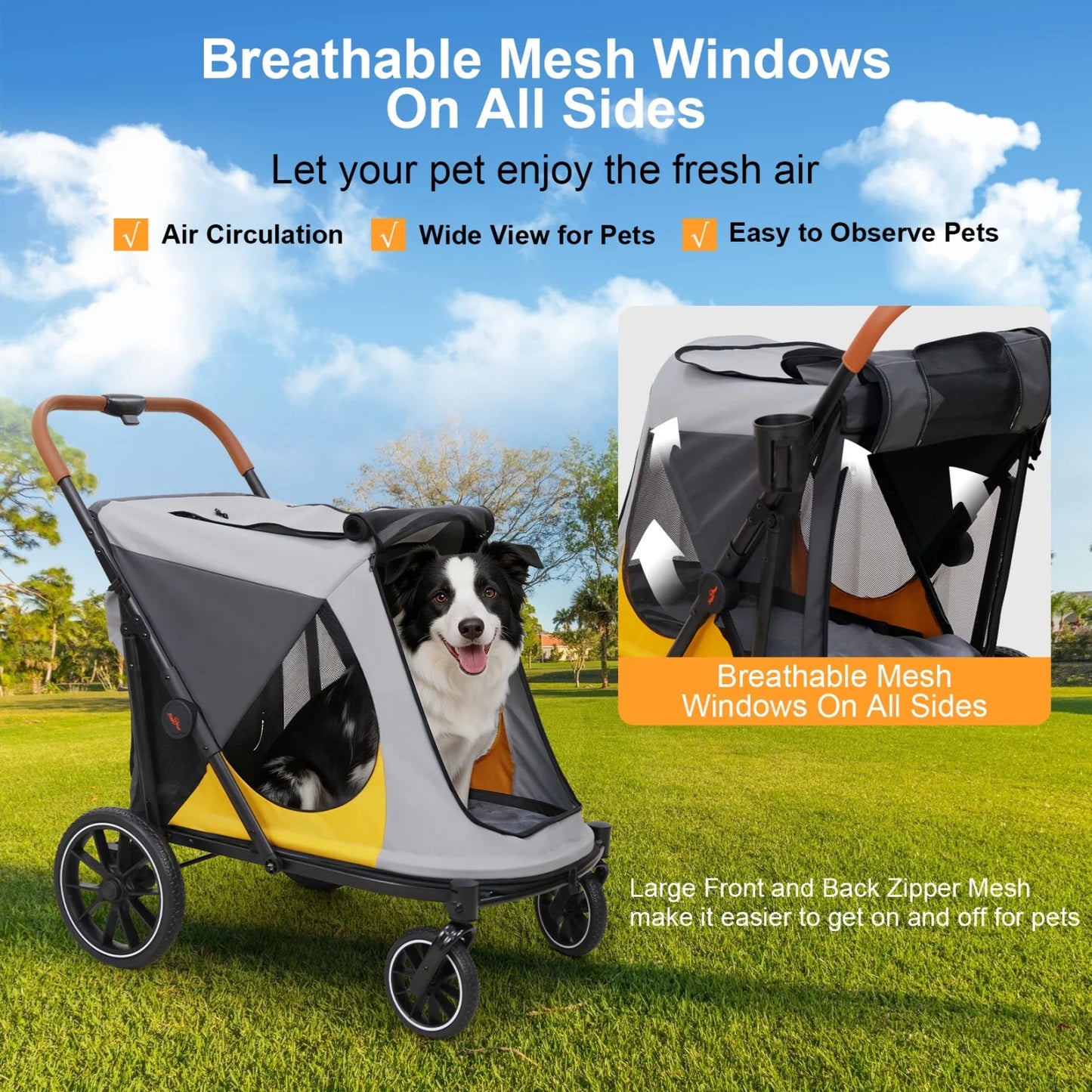 One-Click Folding Dog Stroller for Large Dogs Outdoor Pet Jogger Wagon Stroller Carrier with Storage Pockets 4 Wheels Pet Travel Stroller