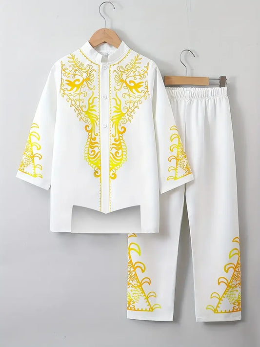 Muslim Robe Trousers The Traditional Dress of Arab Men 3D Pattern Printing Black White Yellow Navy Blue Long-Sleeved