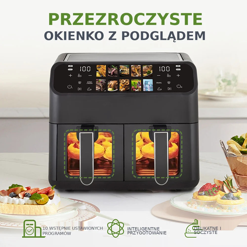 Hot Air Fryer 9L Dual Basket Electric Oilless Cooker Oven with Touch Control,10-In-1 Multifunction,Visible Window,Family Size