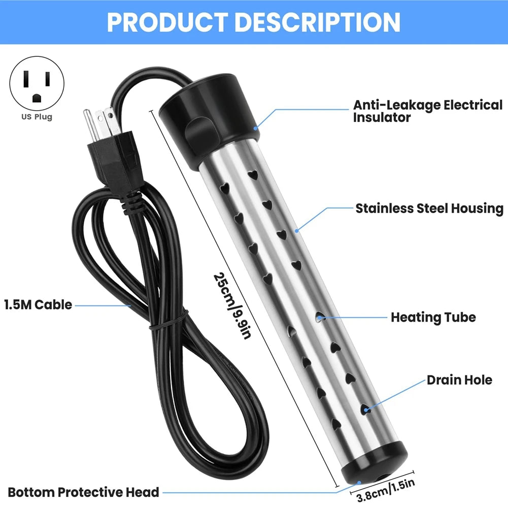 Immersion Water Heater, 1500W Portable Bucket Heater with 304 Stainless Steel Guard, Heats Electric Water Heater Us Plug