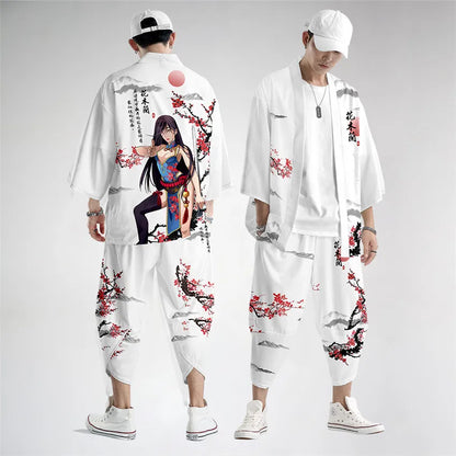 Large Size 5XL 6XL Japanese Kimono Cardigan Pants Set Print Fox Men Women Shirt Tradition Yukata Haori Obi Cosplay Costume