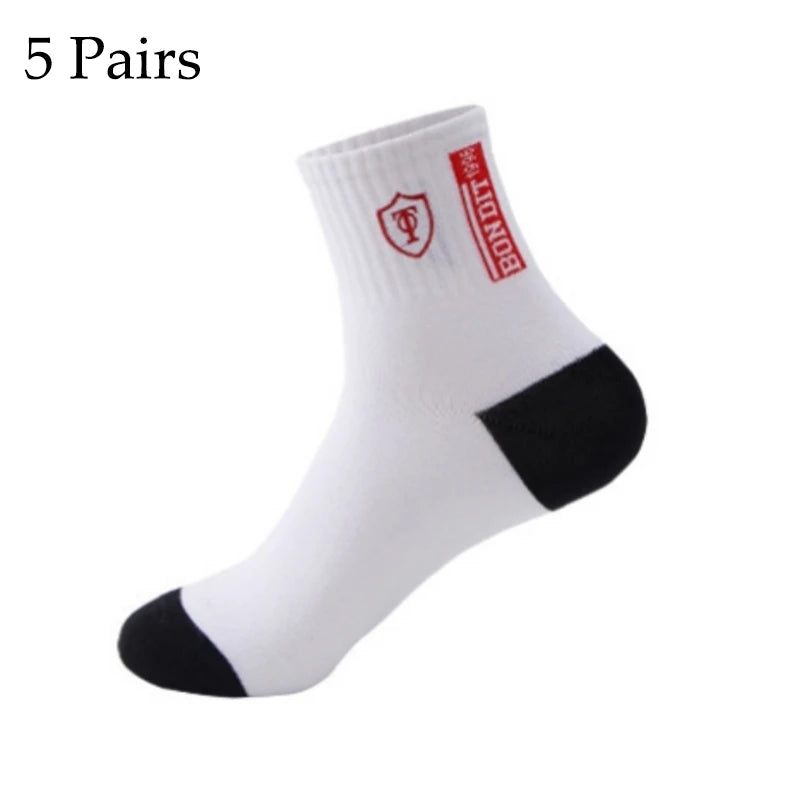 5 Pairs Cotton Sock for Men Sport Breathable Soft Letter Fashion Sneakers High Elastic Middle Tube Stocking Towel Sox Summer