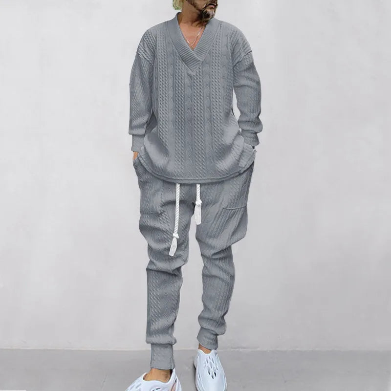 2025 Cross-border New Men's Casual Trousers V-Neck Versatile Jacquard Knitted Sweater Set