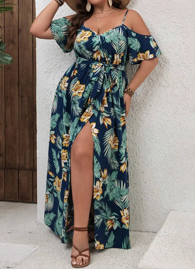 Plus Size Large Size Fashion Floral Print Women's Strap Dress Comfortable Casual Long Skirt Polyester Fabric Commute Style Th...