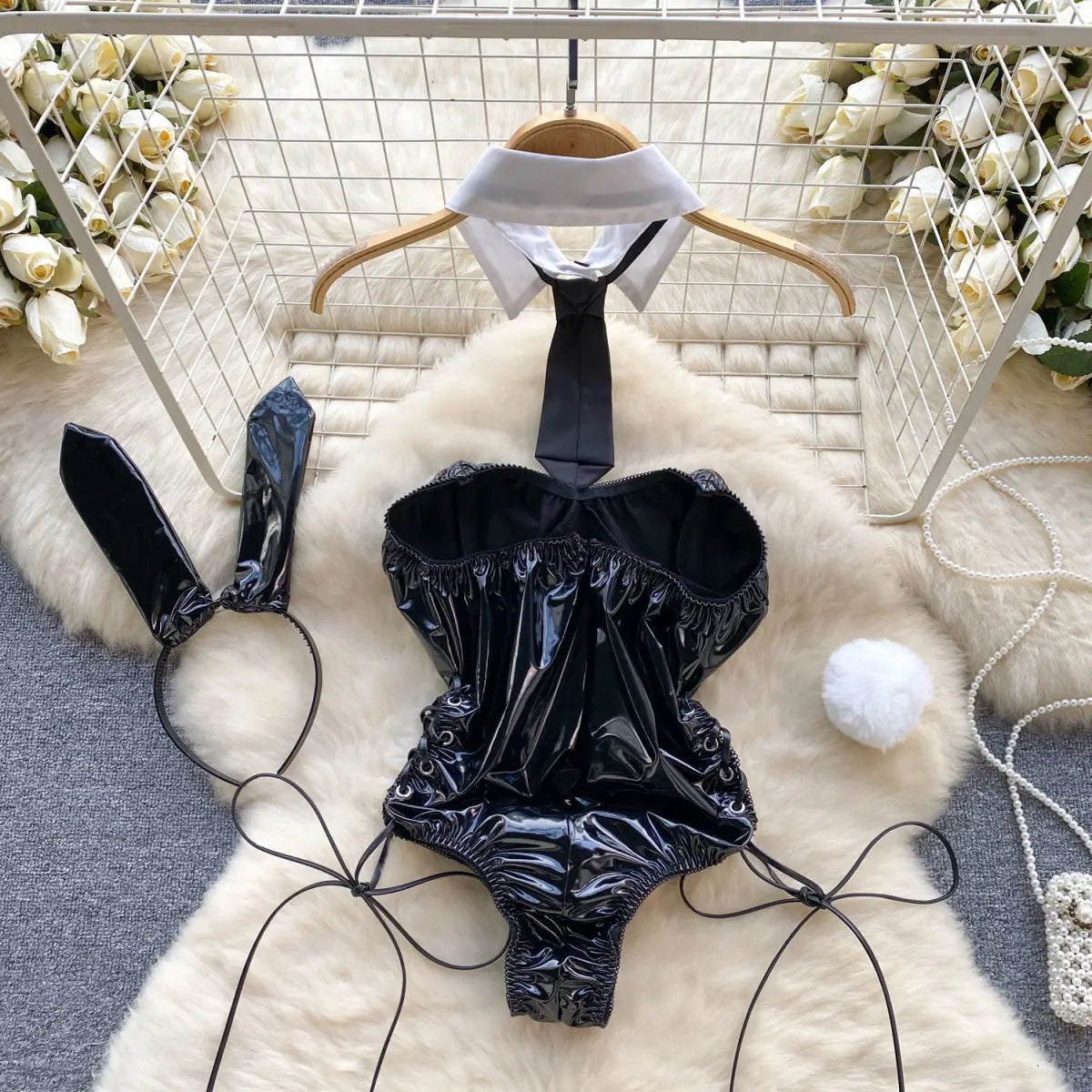 PU Leather Rabbit Girl Strapless Strapping Slim Jumpsuit Set Exotic Pornographic Lingerie Party Cosplay Bodysuit Lace-up Sexy