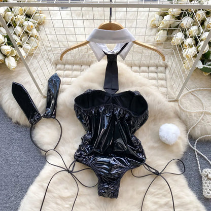 PU Leather Rabbit Girl Strapless Strapping Slim Jumpsuit Set Exotic Pornographic Lingerie Party Cosplay Bodysuit Lace-up Sexy