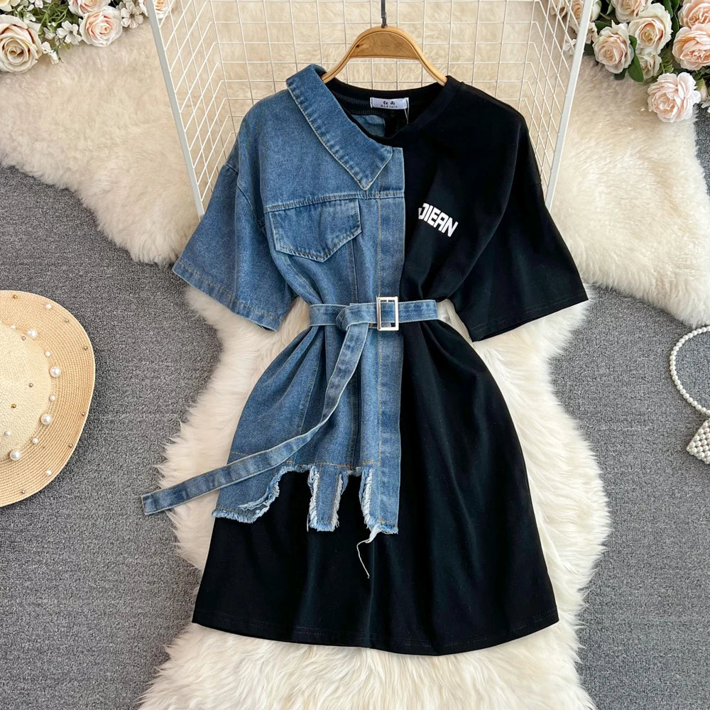 Retro Hong Kong Sle Chic Casual Mid-Length round Ne Patchwork Color Denim irt with Belt Spring New Women's Faion Top