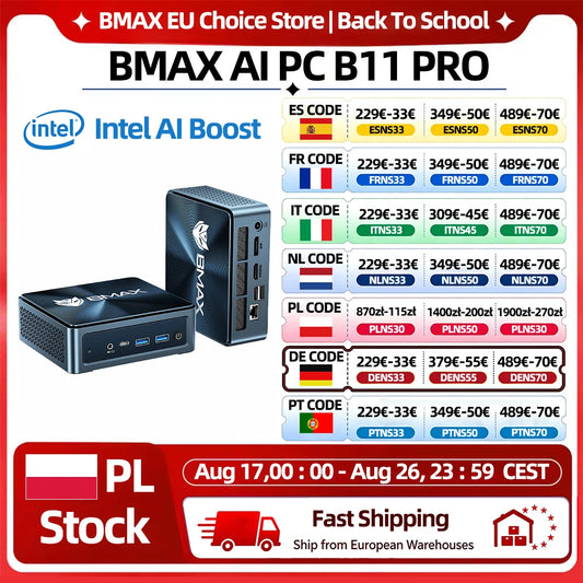 BMAX B11 Pro Mini AI PC Intel Core Ultra 5 115U 8 Cores 10 Threads 16GB RAM 512GB SSD WiFi Bluetooth USB HDMI Type-C Windows 11