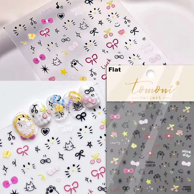 5D Cute Rabbit Love Heart Peach Blossom Flower Yellow Nail Art Stickers Bowknot DIY Self Adhesive Rhinestone Manicure Decals