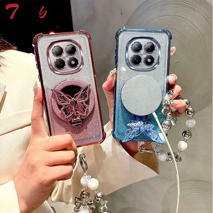 Glitter Butterfly Mirror Crystal Bracelet Case For Xiaomi Redmi Note 15 15C 14 14C 13 13C 12 11 Pro Plus 4G 5G Shockproof Cover