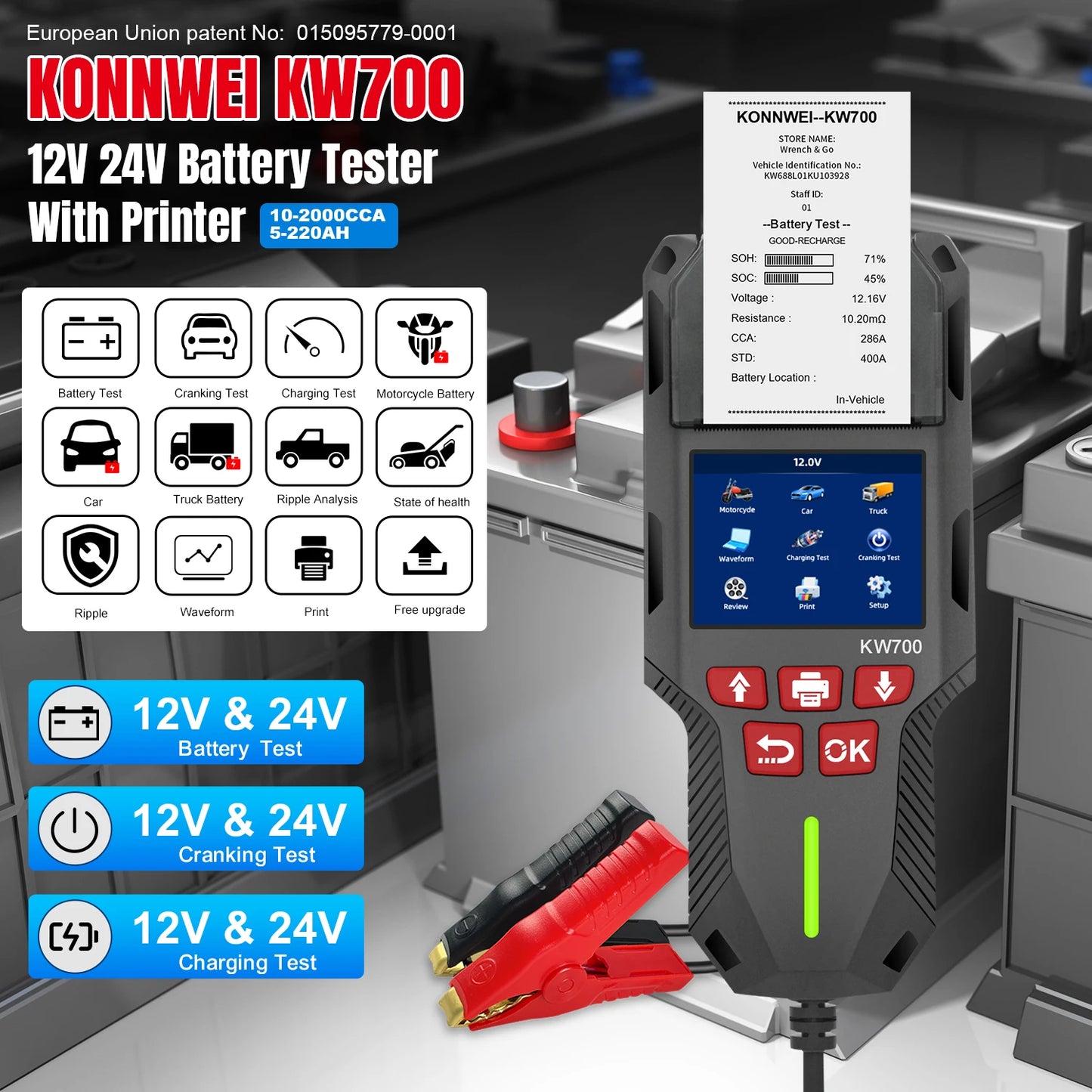 KONNWEI KW700 12/24V Car Truck Battery Tester 10-2000CCA With Printer Cranking Charging Test Tool Battery Analyzer Cranking Test