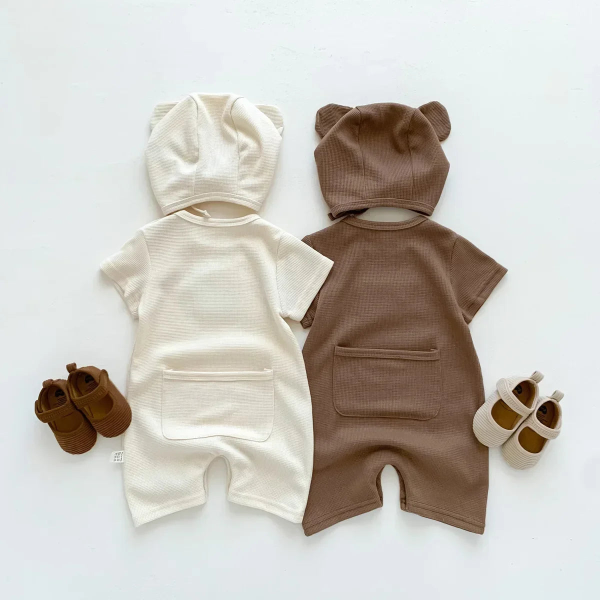 Cotton Romper Gift Hat with Ear New In Summer Kids Baby Girls Boys Short Sleeve Waffle Patch Bear Infant Newborn Jumpsuits