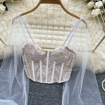 Women Chic Lace Mesh Sheer  Long Sleeve Backless Crop Top Solid Slim Sexy Korean Fashion Summer Women Shirt Square Collar