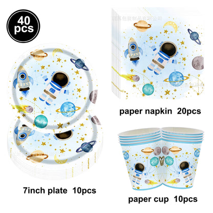 Blue Planet Astronaut Space Disposable Tableware Kids Birthday Table Decorations Paper Plate Cup Napkin Astronaut Rocket Balloon