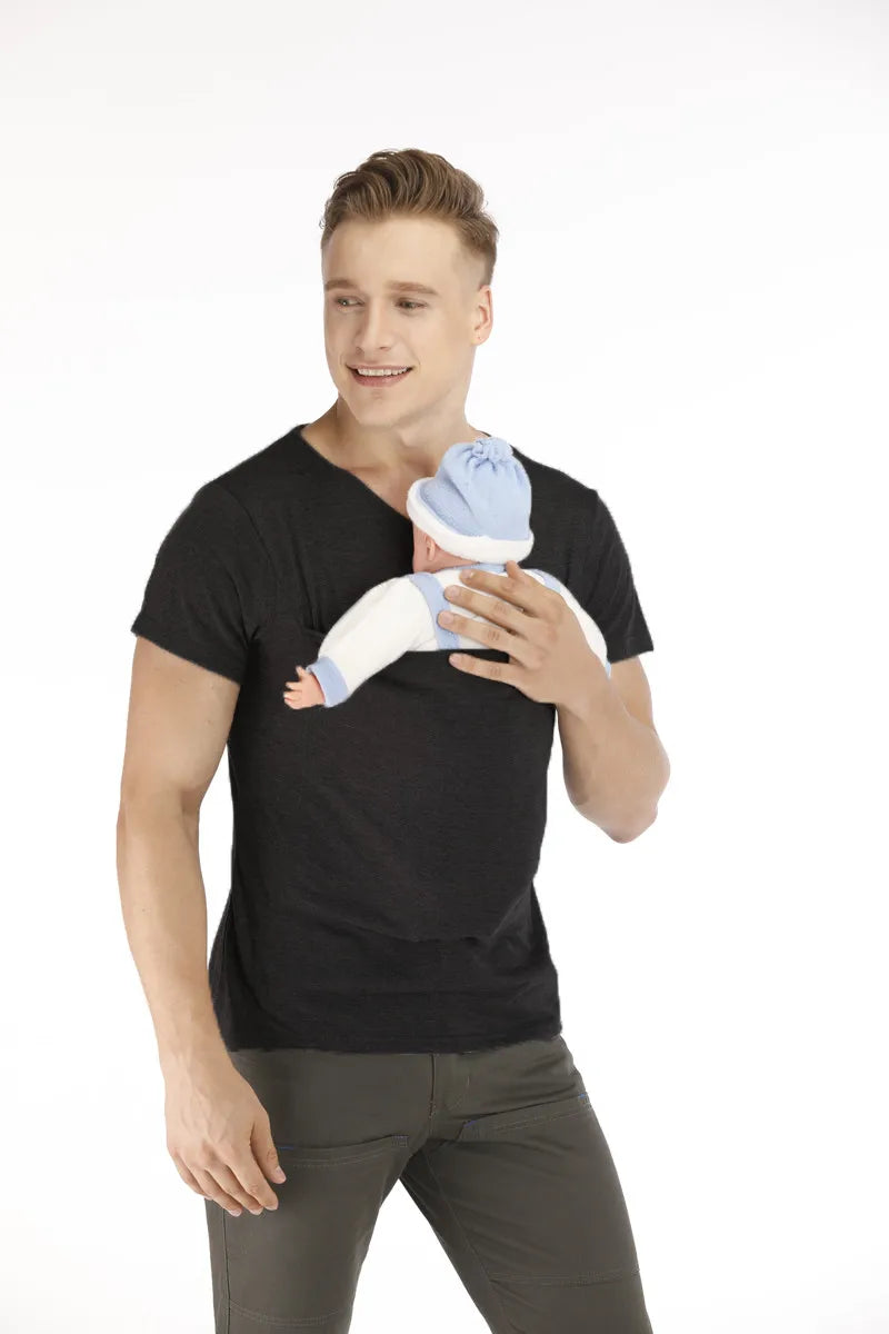 Safety Kangaroo Pocket T-Shirt Baby Carrier Summer Pregnancy Clothes Mother Father Short Sleeves Tops Feeding Nylon Cotton Tees