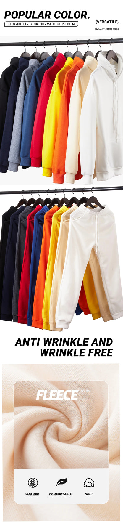 Man's Hoodie Set Winter Solid Color Two Pices Sets Long-Length Street Clothes Casual Sports Sweatpant Hoody Unisex Fashion Suit