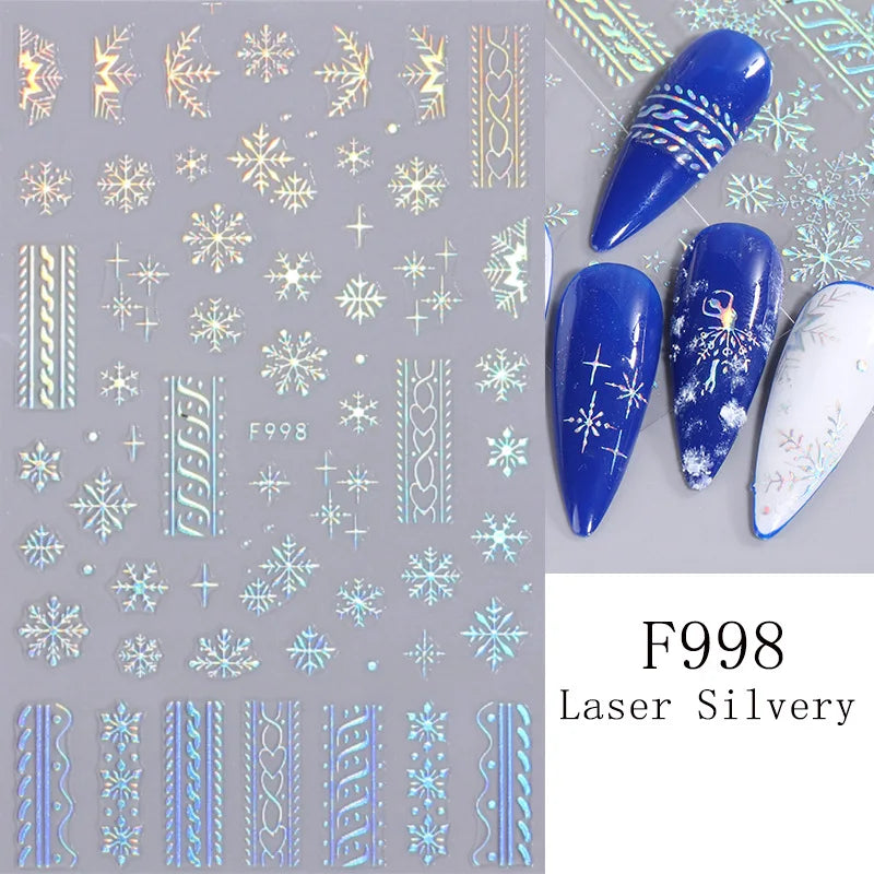1PCS New Christmas Decorations 2023 New Year Nail Stickers Press on Nails Laser Snowflake Christmas Tree 3D Nail Decal