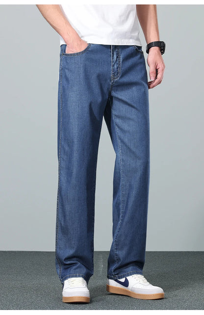 Brand Clothing Summer Lyocell Fabric Stretch Jeans Business Loose Straight Casual Trousers Fashion Versatile Pants Plus Size 40