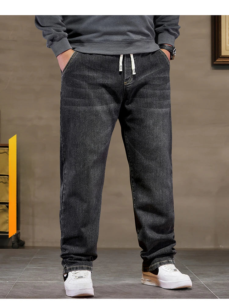 Extra Big Size Jeans Men High Elastic Waist Baggy Denim Pant Male Plus Large Loose Slim Fit Cowboy Trouser 8XL 6XL Classic Black