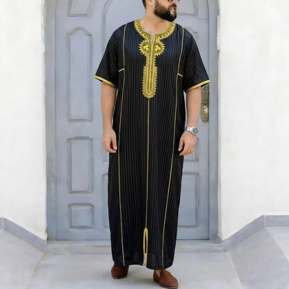 Muslim Men's Morocco Gandoura Thobe Loose Short Sleeves Gorgeous Embroidery Comfortable Islamic Men's Traditional Clothing Party