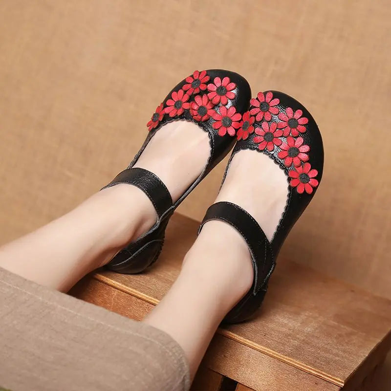 Vintage Flower Moccasins Woman Genuine Leather Ballet Flats Ladies Hollow Slip Ons Women's Luxury Loafer Purple Walking Shoes 42