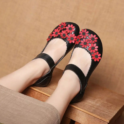 Vintage Flower Moccasins Woman Genuine Leather Ballet Flats Ladies Hollow Slip Ons Women's Luxury Loafer Purple Walking Shoes 42