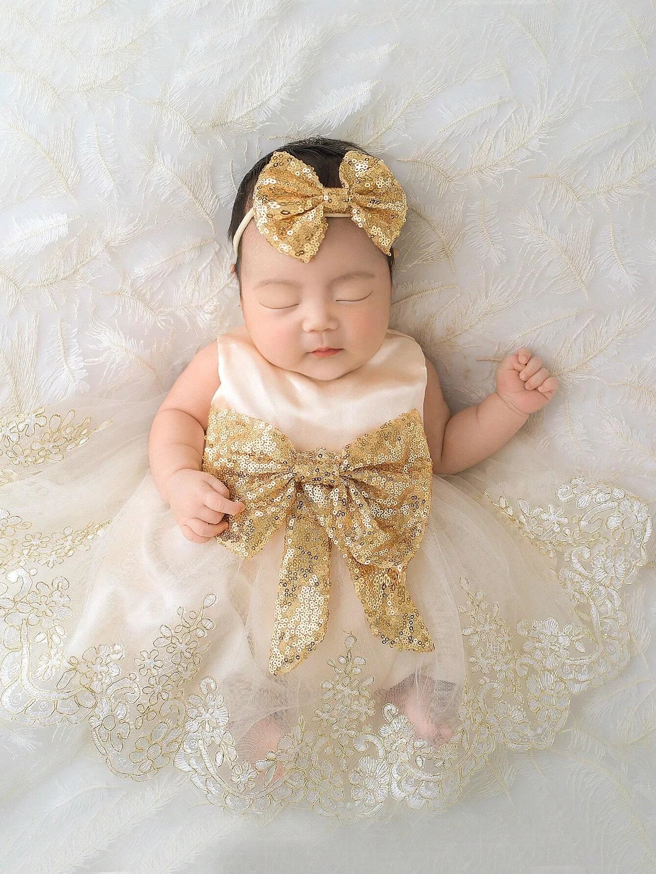 2pcs Newborn Photography Clothing Set Baby Girls' Princess Embroidered Mesh Dress Bowknot Lace Princess Skirt For Photo Shoot