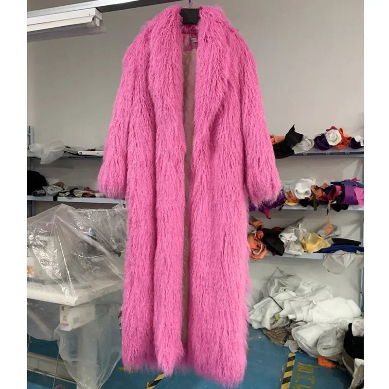 Women Faux Sheep Fur Long Coat Cardigan Thermal Loose Maxi Jackets Plush Coats Female Jacket Autumn Winter Furry Outerwear