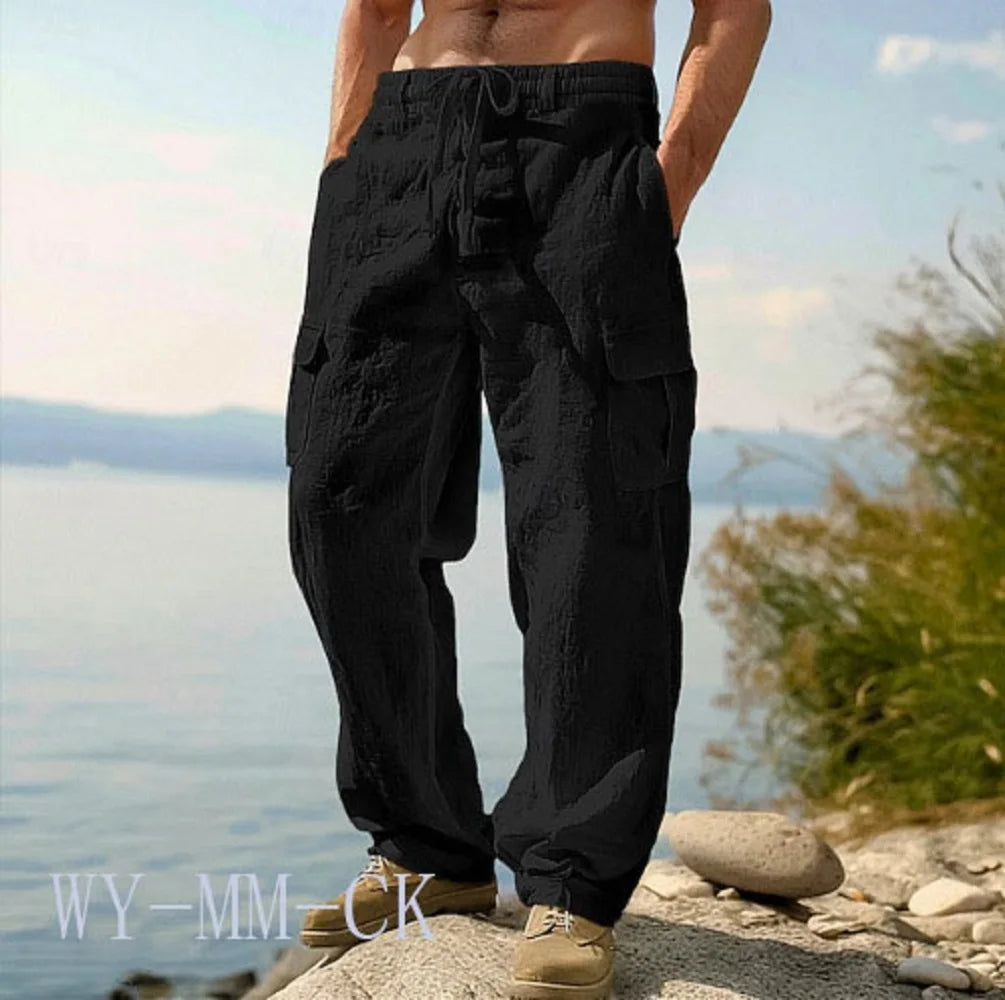 European And American Men's Cotton And Linen Trousers Multi-pocket Work Pants Loose Straight Sportswear And Casual Trousers