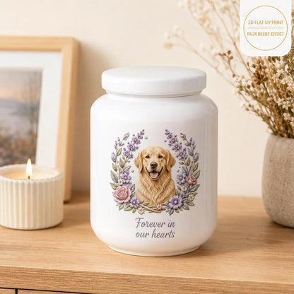Custom Pet Memorial Ashes Urn with AI Generated Photo Ceramic Relief | Personalize with Name Or Memorial Message | 2D Printed No
