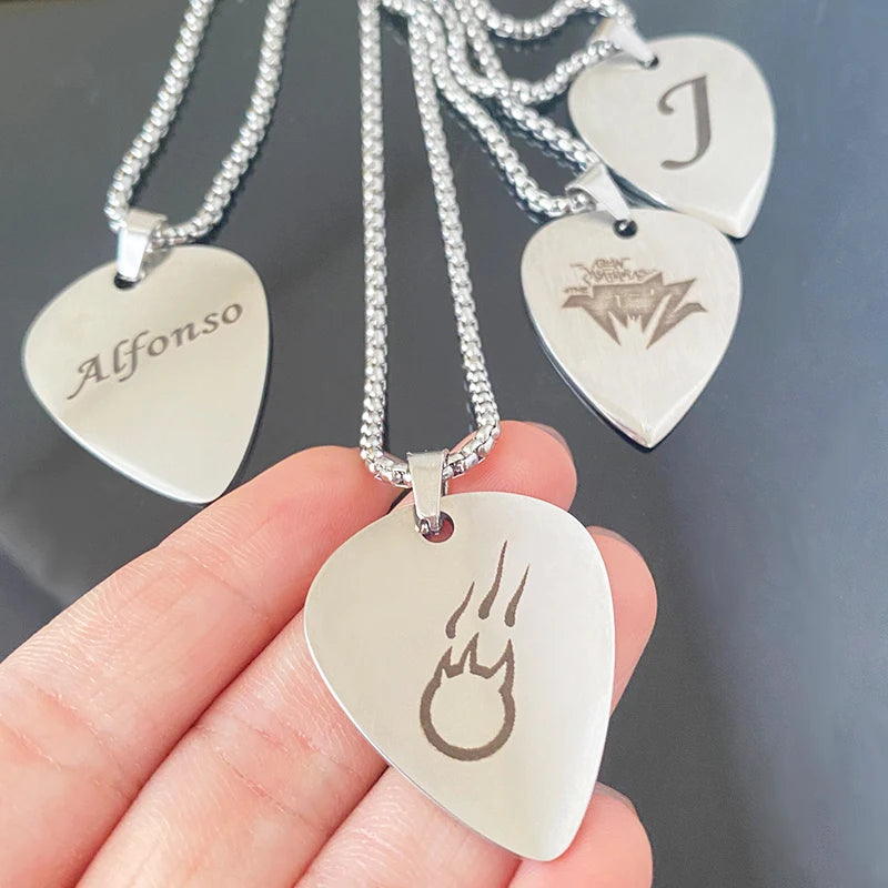 WLP Fashion Guitar Pick Personalized Pendant Stainless Steel Necklace for Men Women Custom Text Pattern Collar Necklace Jewelry