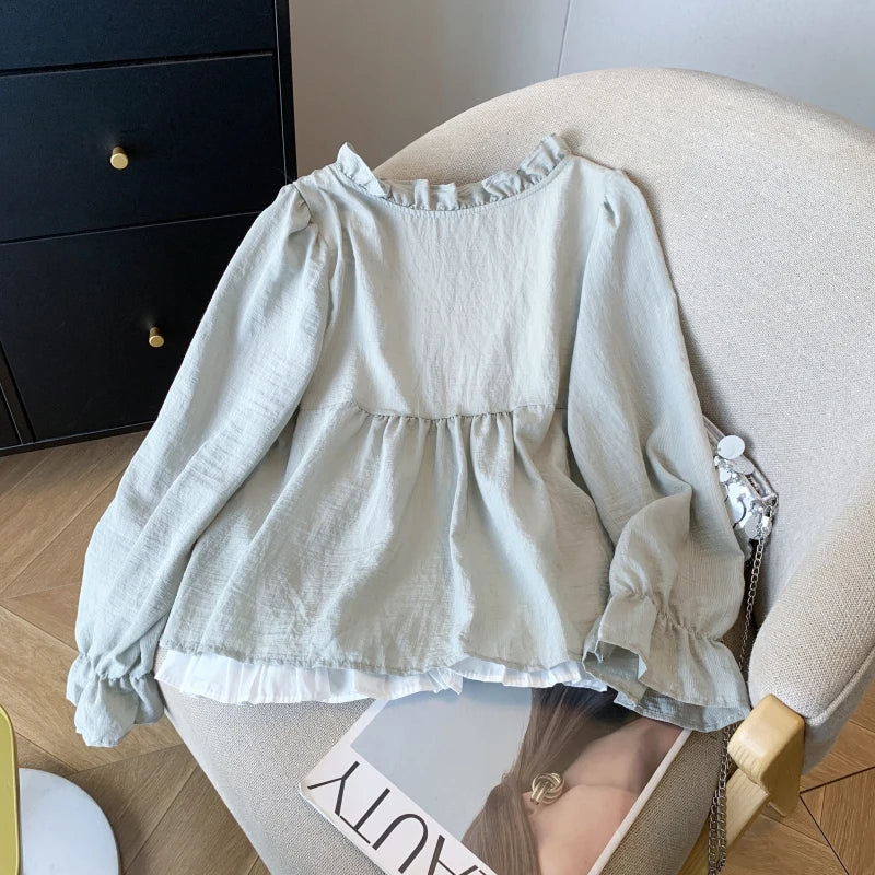 Korean Casual Sweet Fungus Lace Collar Women's Shirt Top Autumn New Women Fashion Fake Two-Piece Lace Up Long Sleeved Shirt