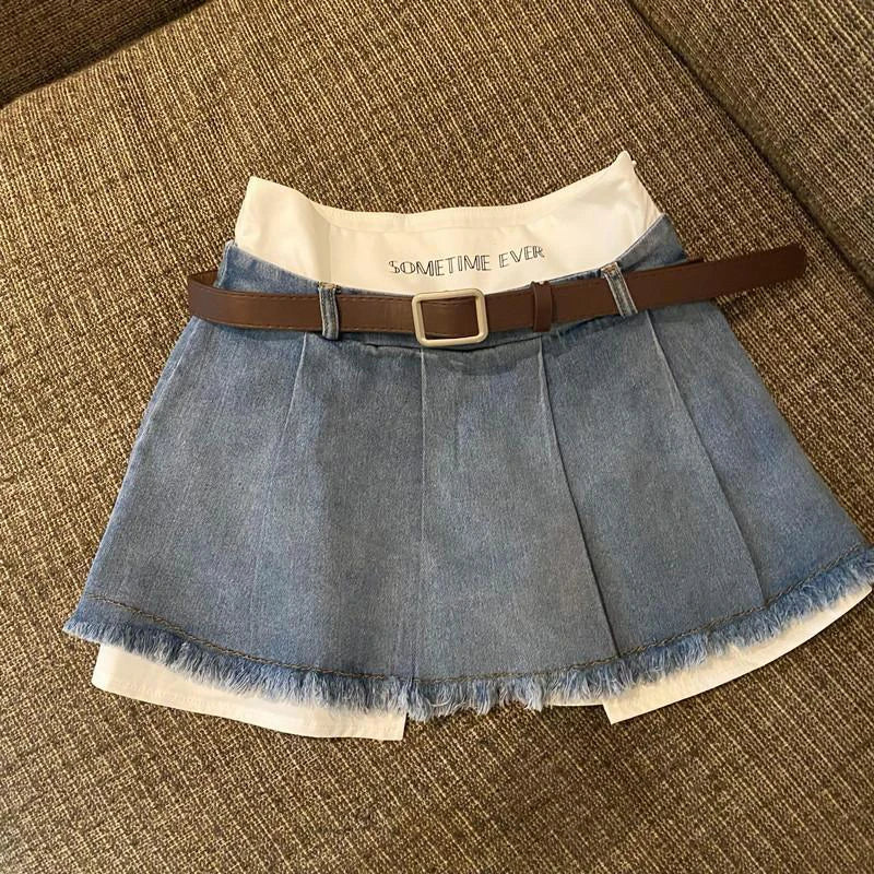 Gidyq Women High Waist Denim Skirts Summer Korean Fashion Patchwork Mini Skirts Streetwear Female Casual Tassels Jeans Skirts