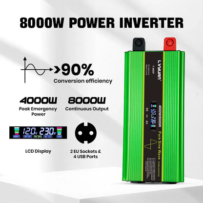 LVYUAN Pure Sine Wave Power Inverter 2000W 3000W 4000W DC 12V 24V to AC 230V LCD Remote Control 2 EU Sockets USB Home RV Solar