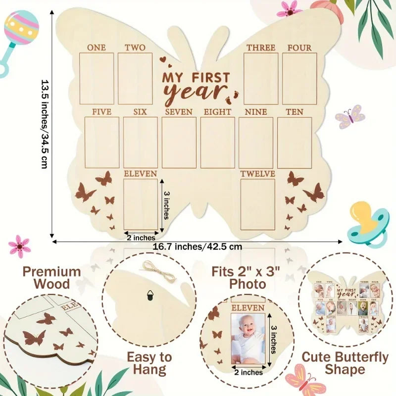 Wooden Baby’s First Year Picture Frame My First Year Butterfly Photo Frame 12 Month Milestone Board Baby Keepsake Frame