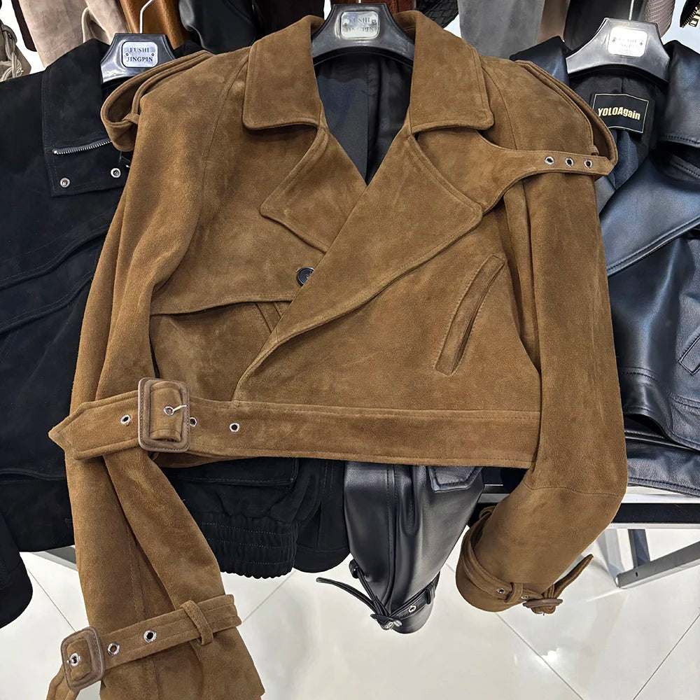 YOLOAgain Wide Shoulder Real Leather Jacket Women Oversized Genuine Leather Cropped Jacket